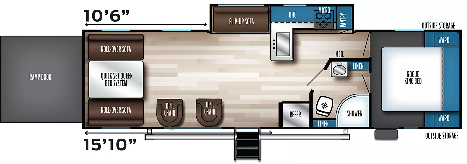 The 29SUT has one slideout and two entries. Exterior features outside storage, and rear ramp door. Interior layout front to back: foot facing rogue king bed with wardrobes on each side, and entry; door side full pass through bathroom with linen closets and medicine cabinet; off-door side slideout with pantry, kitchen counter with cooktop, microwave, and overhead cabinet, wraps to peninsula with sink, and a flip-up sofa; door-side refrigerator, entry door and two optional chairs; rear opposing roll-over sofas with quick set queen bed system. Garage dimensions: 15 foot 10 inches from rear to refrigerator; 10 foot 6 inches from rear to slideout.