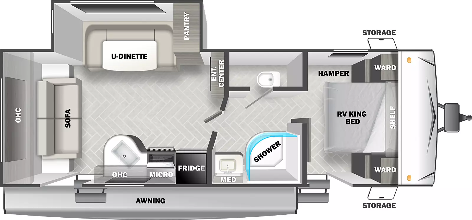 The T2460 has one slideout and two entries. Exterior features front storage, and an awning. Interior layout front to back: RV king bed with shelf above and wardrobes on each side, hamper on off-door side, and entry; pass through full bathroom with medicine cabinet; entertainment center along inner wall; off-door side slideout with pantry and u-dinette; door side refrigerator, microwave, cooktop, overhead cabinet, kitchen counter with sink, and second entry; rear sofa with overhead cabinet.